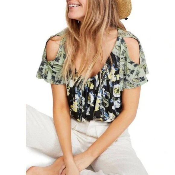 Free People Baja Babe Shirt Cold Shoulder Short Sleeve Floral Black Size Large - Picture 7 of 12